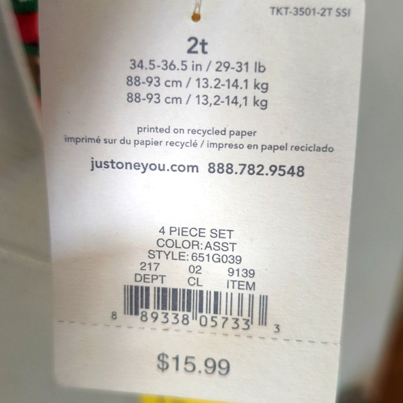 Just One You made by Carter's, 4 piece PJ set, 2 T, Red, Green, White and Yellow - Picture 8 of 9